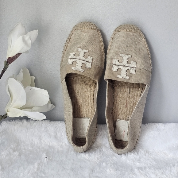 TORY BURCH Weston Flat Espadrille Canvas Slip-On Leather Logo - Picture 2 of 9